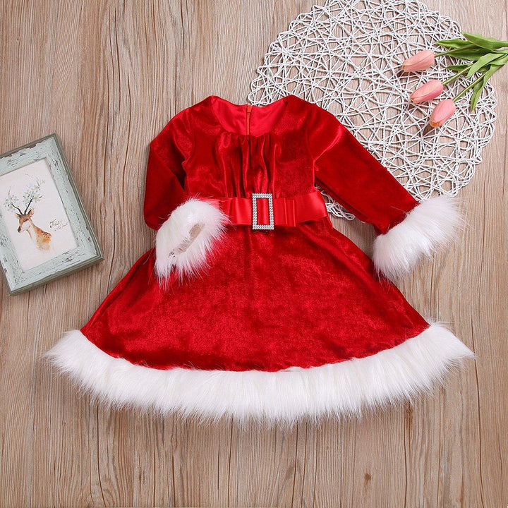 Girl Christmas Fur Edge Red Dress With Belt - MomyMall