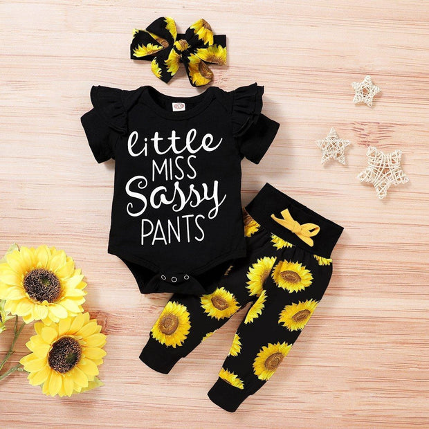 3PCS Sunflower Short Sleeve Letter Printed Bodysuit with Floral Printed Set