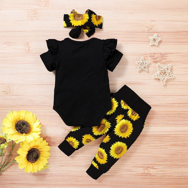 3PCS Sunflower Short Sleeve Letter Printed Bodysuit with Floral Printed Set