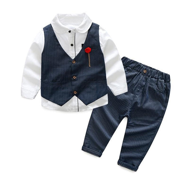 Boy Long-sleeved Set Wedding Birthday 2 Pcs Suits - MomyMall Dark Blue / 2-3 Years