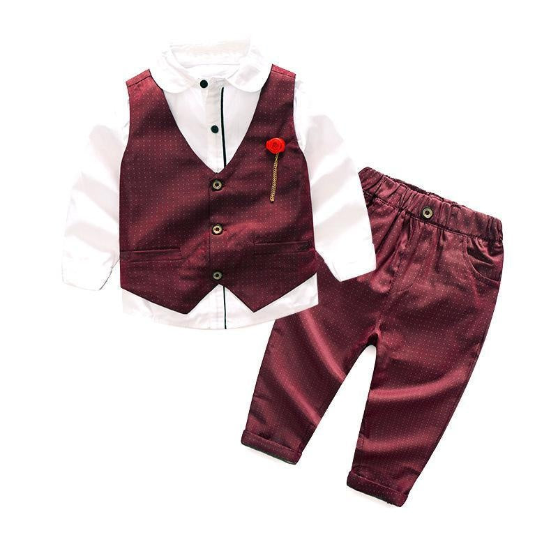 Boy Long-sleeved Set Wedding Birthday 2 Pcs Suits - MomyMall Red / 2-3 Years