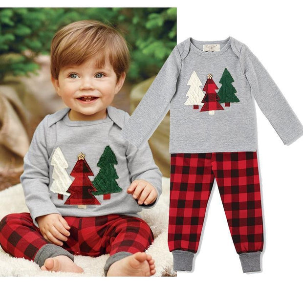 Kids Boys Christmas Tree Cotton Cute Suit 2 Pcs - MomyMall gray / 80cm:6-12months