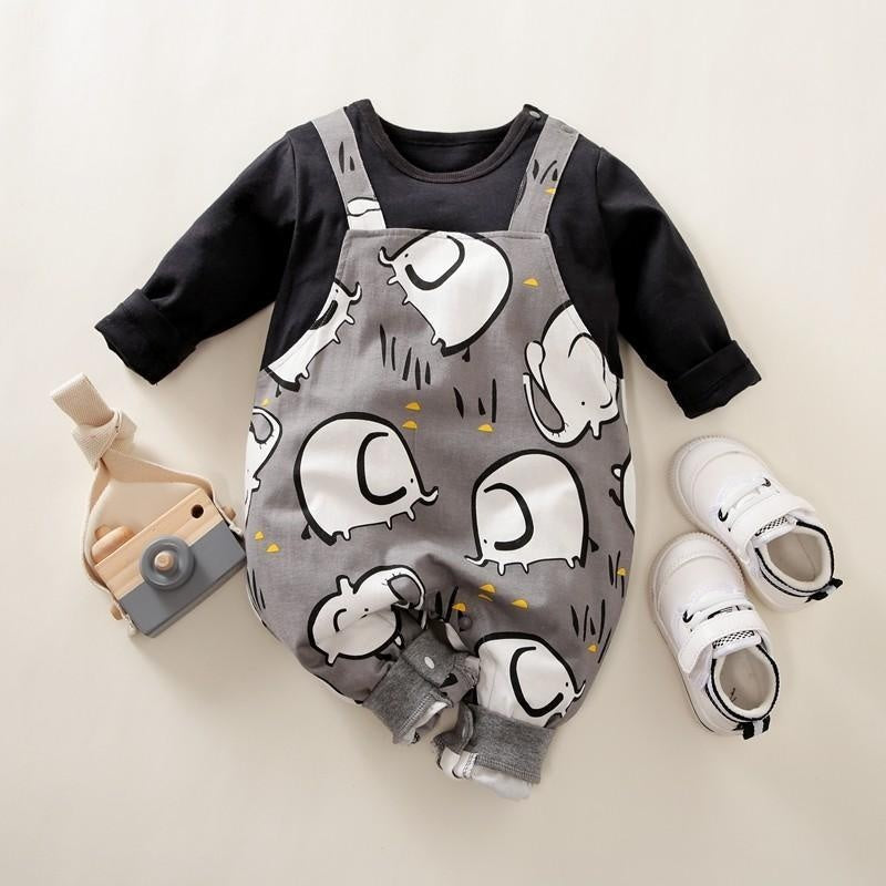 Cartoon Elephant Printed Long Sleeve Baby Jumpsuit