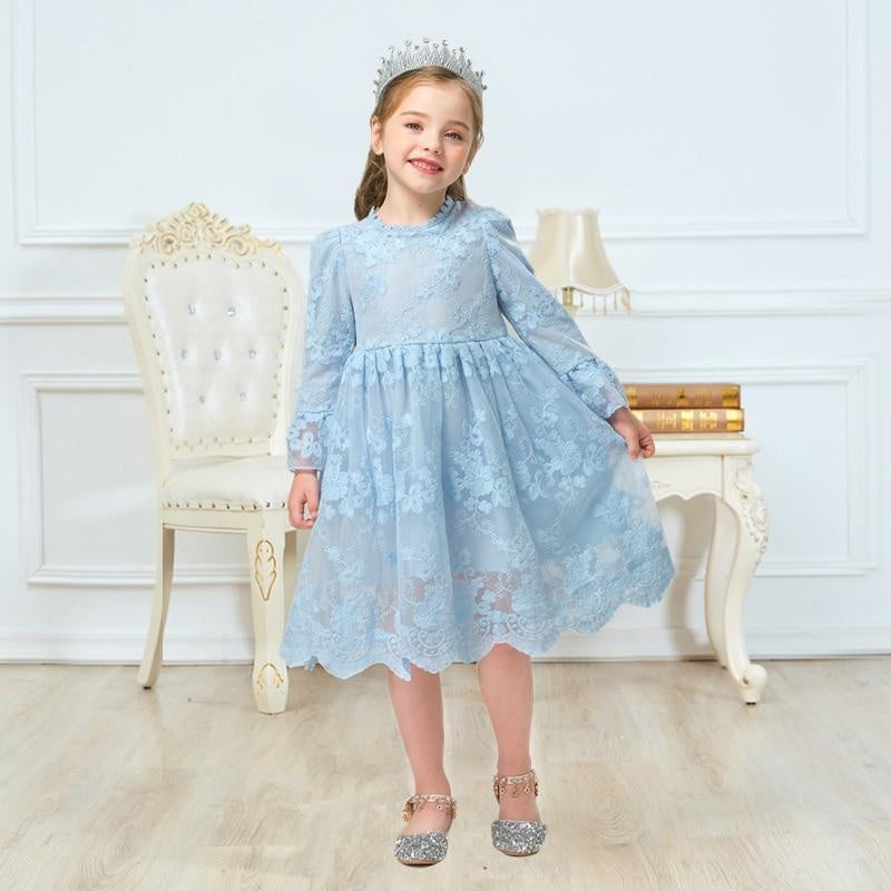 Girls Casual Autumn Floral Lace Mesh A-Line Birthday Party Dresses - MomyMall