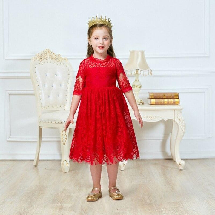 Girls Casual Autumn Floral Lace Mesh A-Line Birthday Party Dresses - MomyMall Red / 2-3 Years