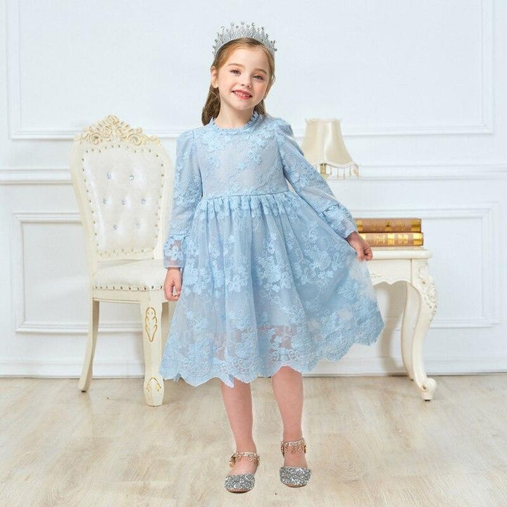 Girls Casual Autumn Floral Lace Mesh A-Line Birthday Party Dresses - MomyMall Blue / 2-3 Years