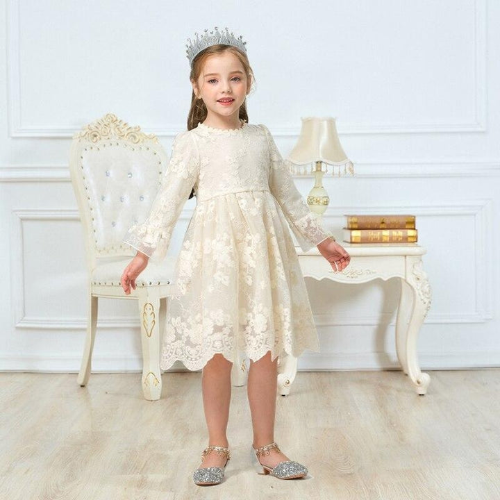 Girls Casual Autumn Floral Lace Mesh A-Line Birthday Party Dresses - MomyMall Beige / 2-3 Years
