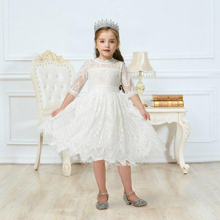 Girls Casual Autumn Floral Lace Mesh A-Line Birthday Party Dresses - MomyMall White / 2-3 Years