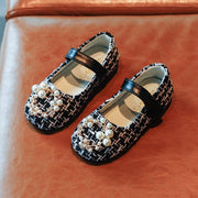 Girls Leather Shoes Fashion Grid Pearl Rhinestone Princess Shoes Flat Sneakers - MomyMall