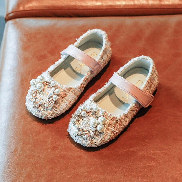 Girls Leather Shoes Fashion Grid Pearl Rhinestone Princess Shoes Flat Sneakers - MomyMall
