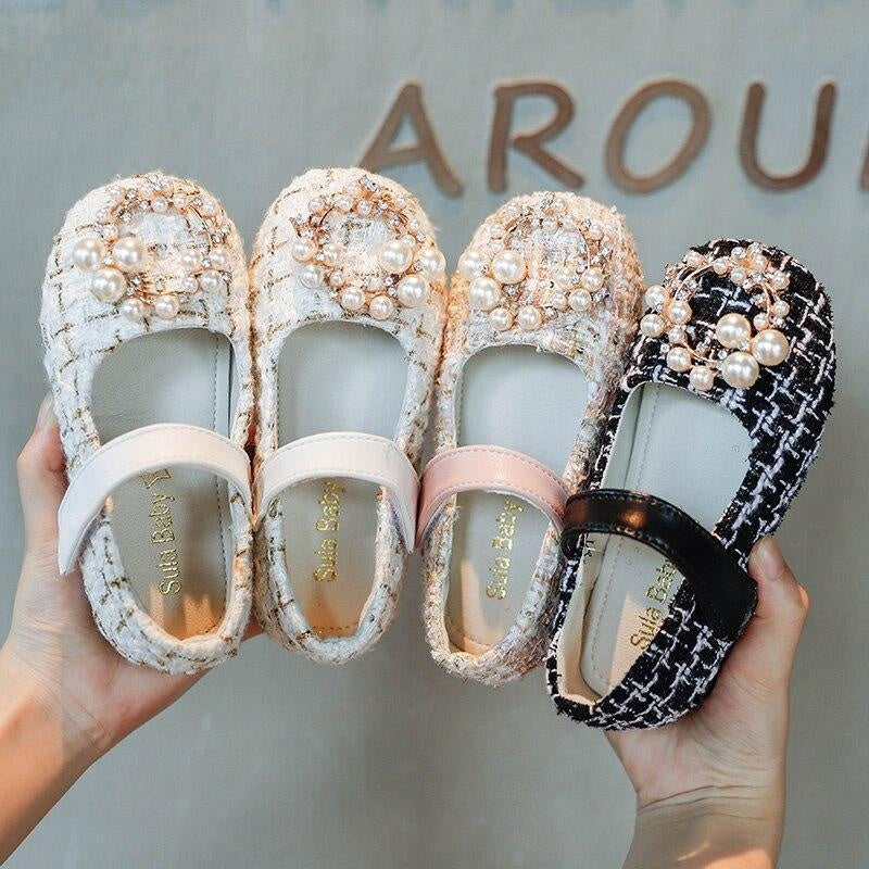 Kid Baby Girls Leather Shoes Fashion Grid Pearl Rhinestone Princess Shoes - MomyMall