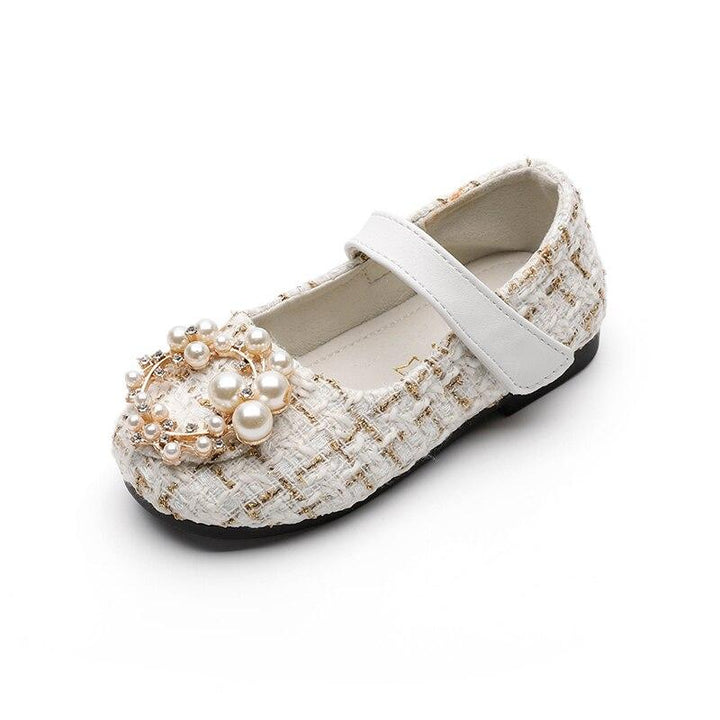 Girls Leather Shoes Fashion Grid Pearl Rhinestone Princess Shoes Flat Sneakers - MomyMall White / CN 21 insole 13.8cm