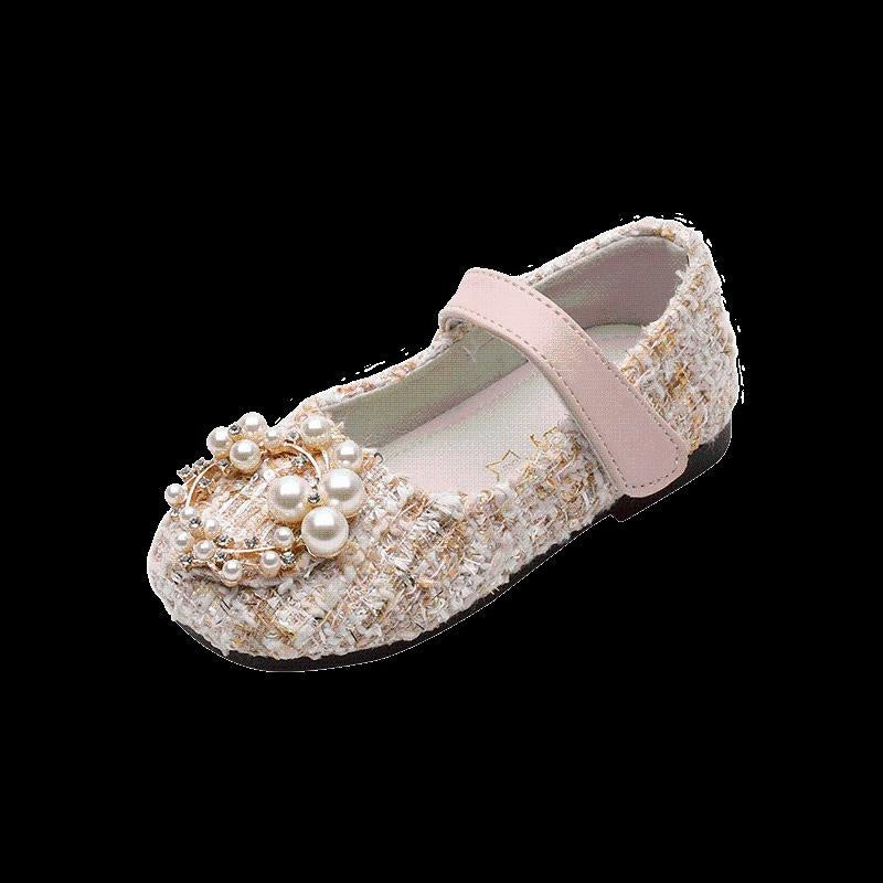 Kid Baby Girls Leather Shoes Fashion Grid Pearl Rhinestone Princess Shoes - MomyMall