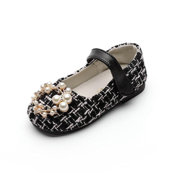 Girls Leather Shoes Fashion Grid Pearl Rhinestone Princess Shoes Flat Sneakers - MomyMall Black / CN 21 insole 13.8cm