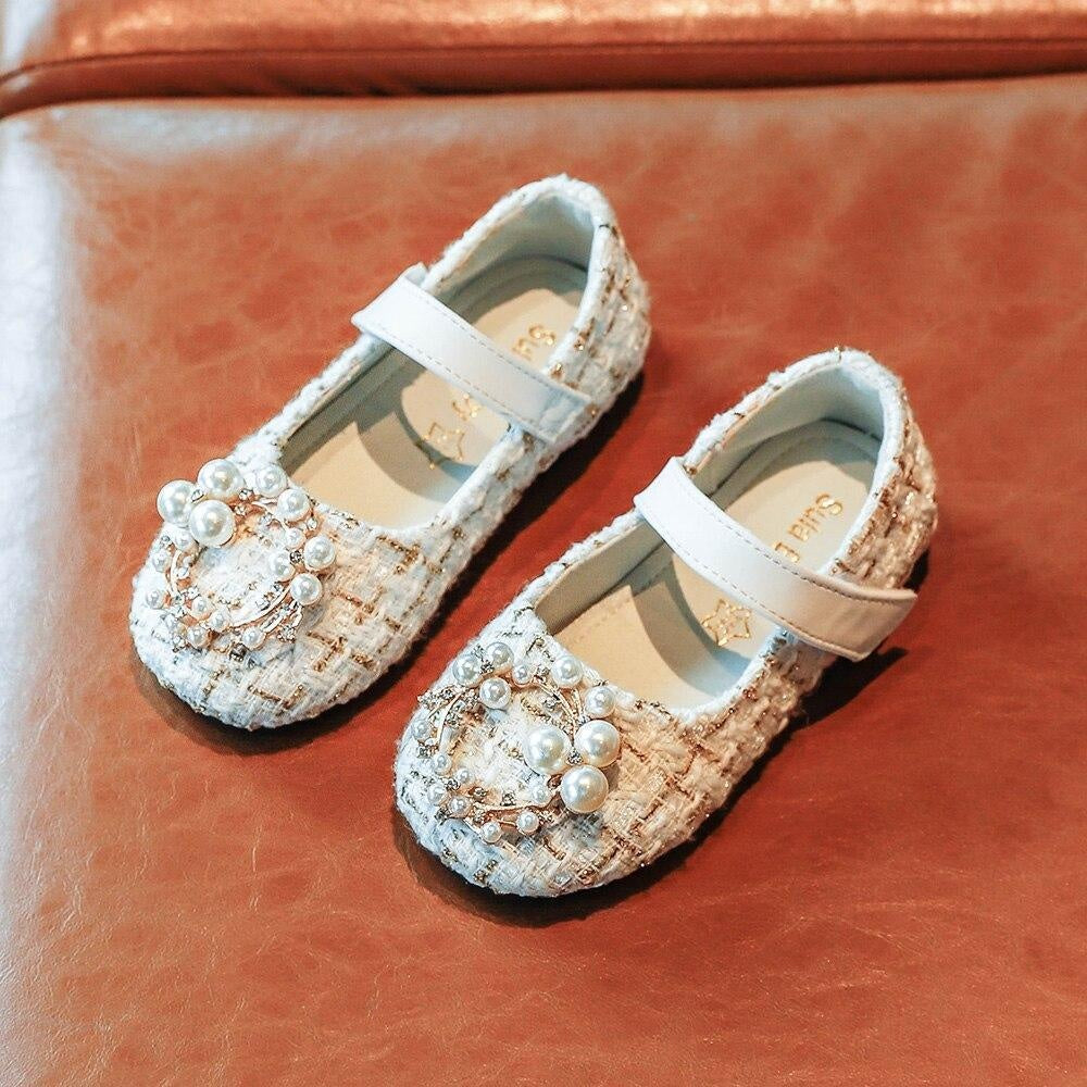 Girls Leather Shoes Fashion Grid Pearl Rhinestone Princess Shoes Flat Sneakers - MomyMall