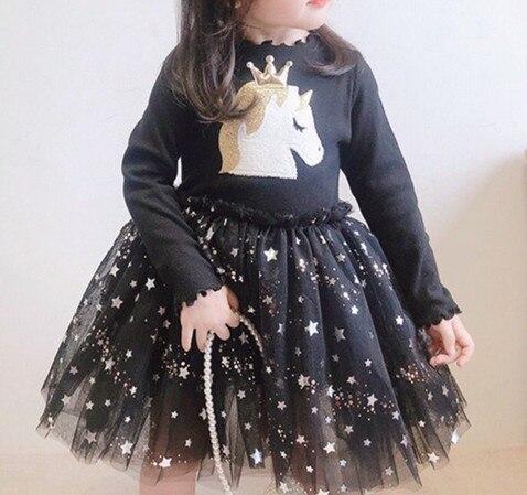 Girls Dresses Unicorn Princess Star Sequins Cute Mesh Costume 2-7 Years - MomyMall black / 2-3 years