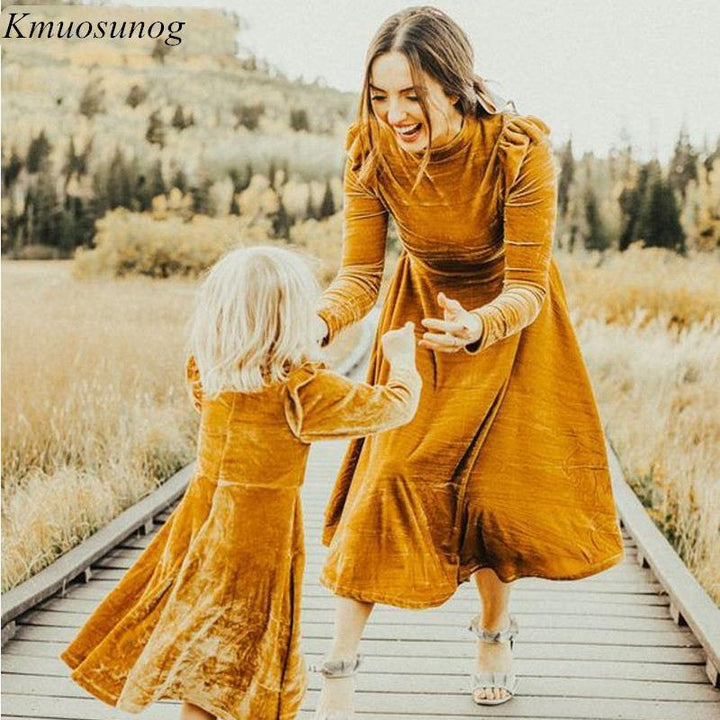 Autumn Mom Daughter Dress Solid Long Sleeve Family Matching Outfits - MomyMall Yellow / Mom S