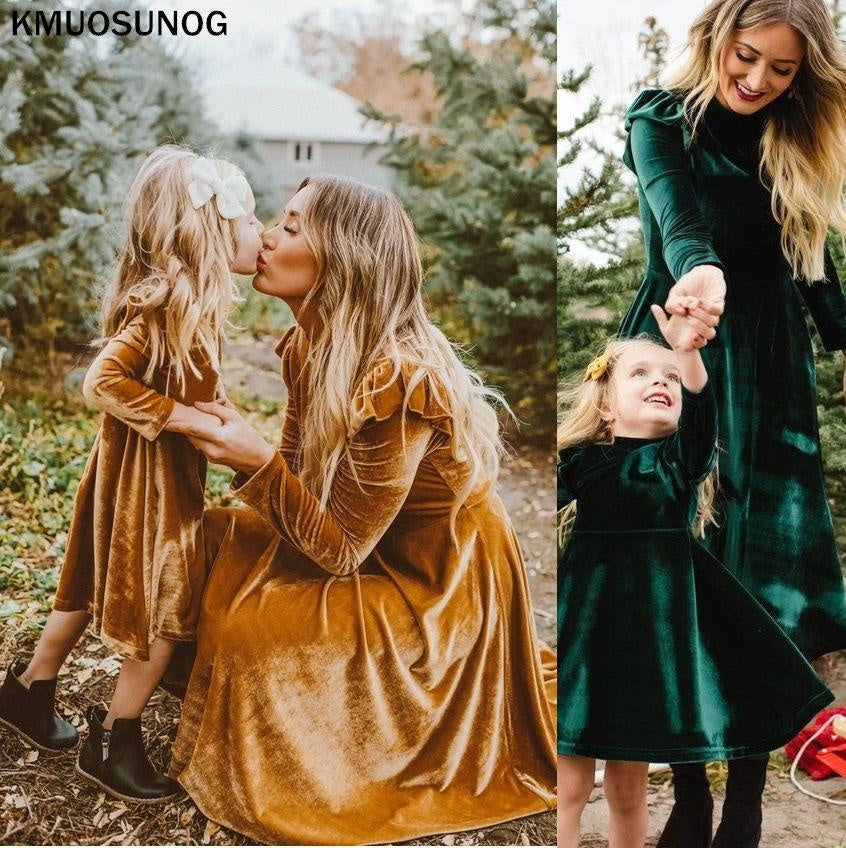 Autumn Mom Daughter Dress Solid Long Sleeve Family Matching Outfits - MomyMall