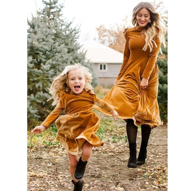 Autumn Mom Daughter Dress Solid Long Sleeve Family Matching Outfits - MomyMall