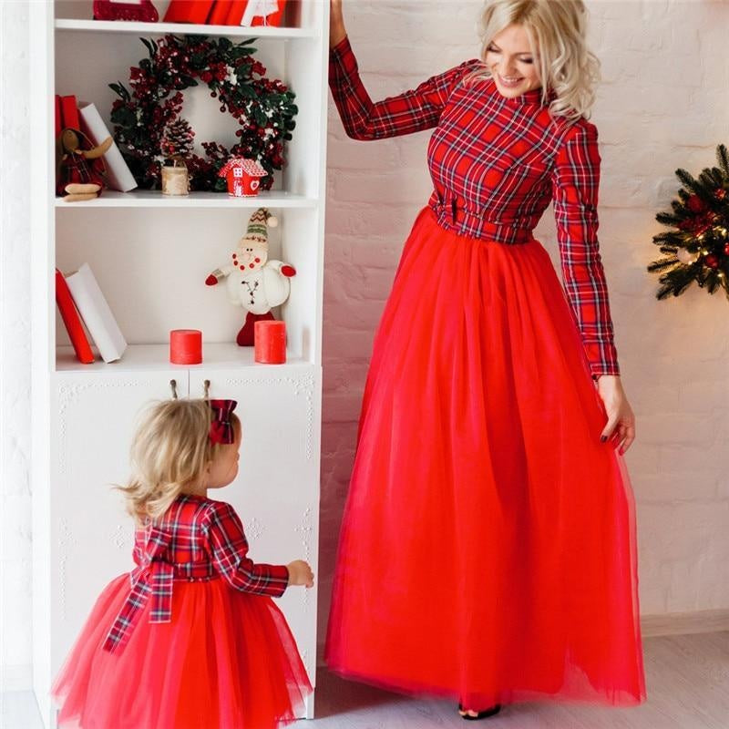 Autumn Mommy and Me Hot Bow Patchwork Tulle Dress Family Matching - MomyMall