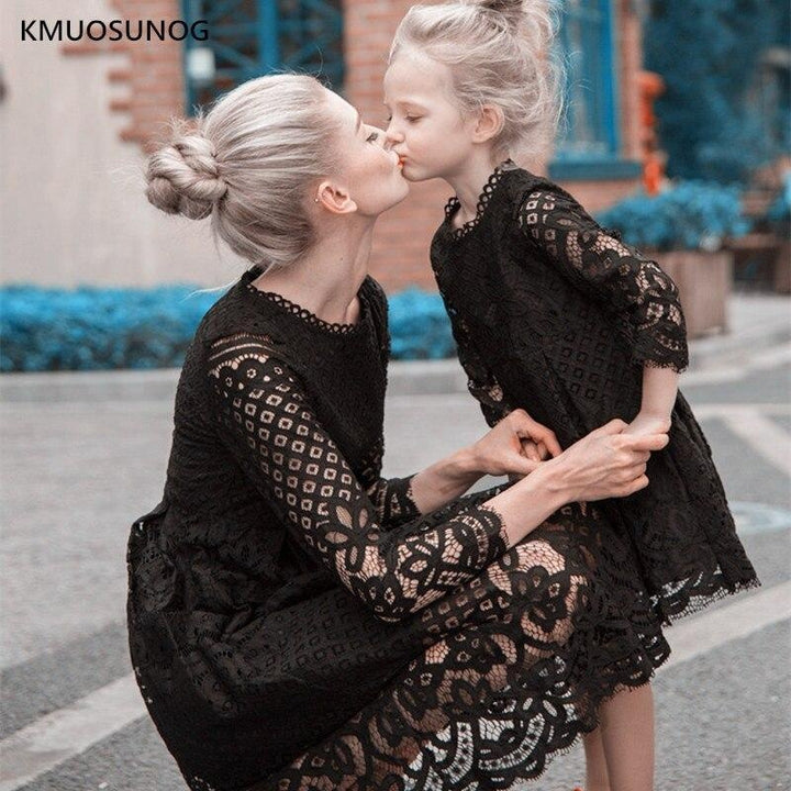 Mother Daughter Dresses Wedding Floral Lace Party Family Matching - MomyMall Black / Mother S