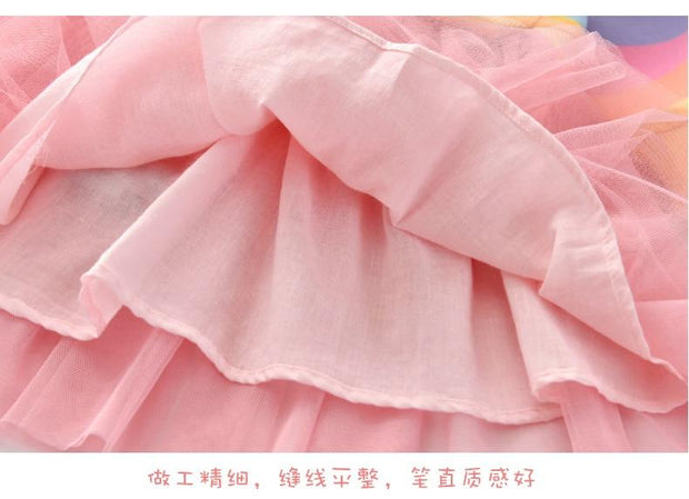 Baby Girls Autumn Casual Long Sleeve Rainbow Striped Patchwork Mesh Dresses 2-8 Years - MomyMall
