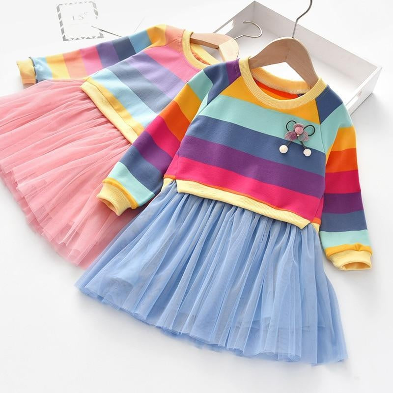 Baby Girls Autumn Casual Long Sleeve Rainbow Striped Patchwork Mesh Dresses 2-8 Years - MomyMall