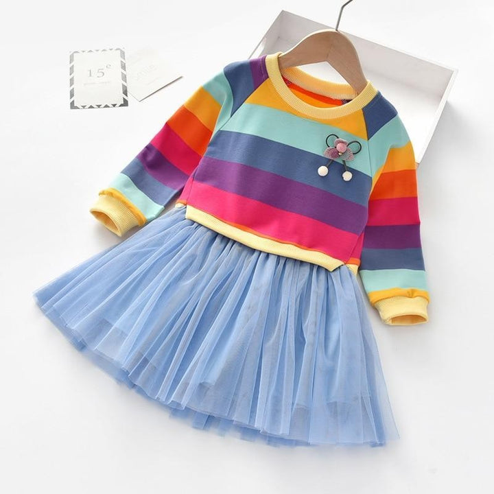 Baby Girls Autumn Casual Long Sleeve Rainbow Striped Patchwork Mesh Dresses 2-8 Years - MomyMall Blue / 2 to 3 Years Old