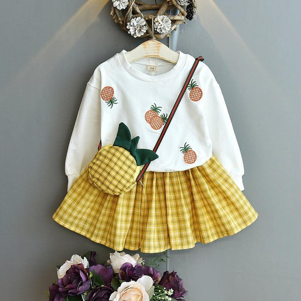 Autumn Embroidered Long Sleeve Plaid Skirt Dress 2 Pcs Set 1-6 Y - MomyMall white / 18-24 Months