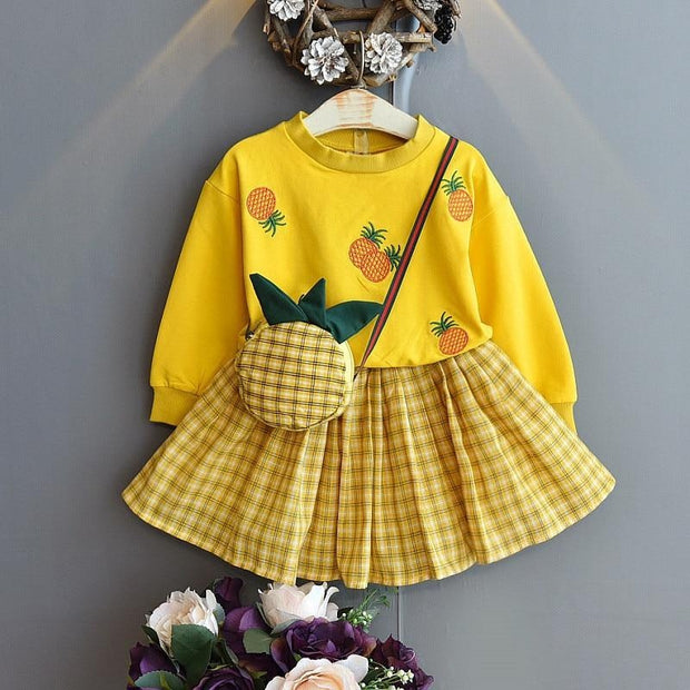 Autumn Embroidered Long Sleeve Plaid Skirt Dress 2 Pcs Set 1-6 Y - MomyMall yellow / 18-24 Months