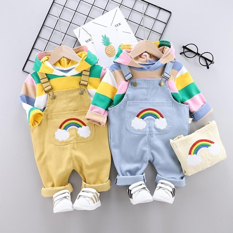 Toddler Boys Girls Rainbow Tops Solid Bib 2 Pcs Outfits - MomyMall