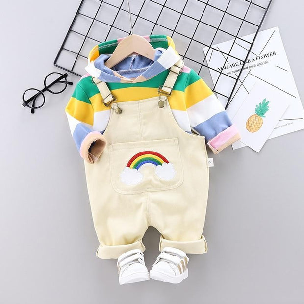 Toddler Boys Girls Rainbow Tops Solid Bib 2 Pcs Outfits - MomyMall Beige / 6-12 Months