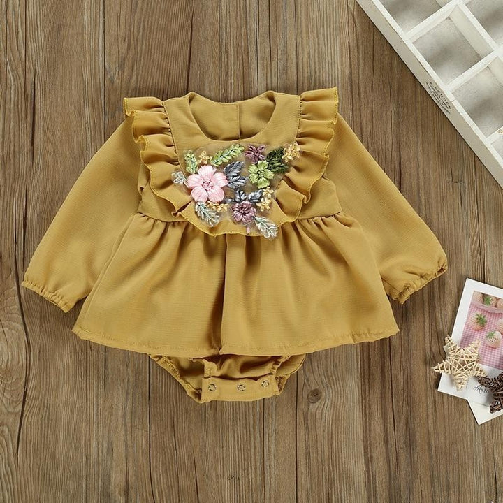 Baby Girls Long Sleeve Emboridery Flower Rompers Outfits Bodysuit - MomyMall Yellow / 6-9 Months