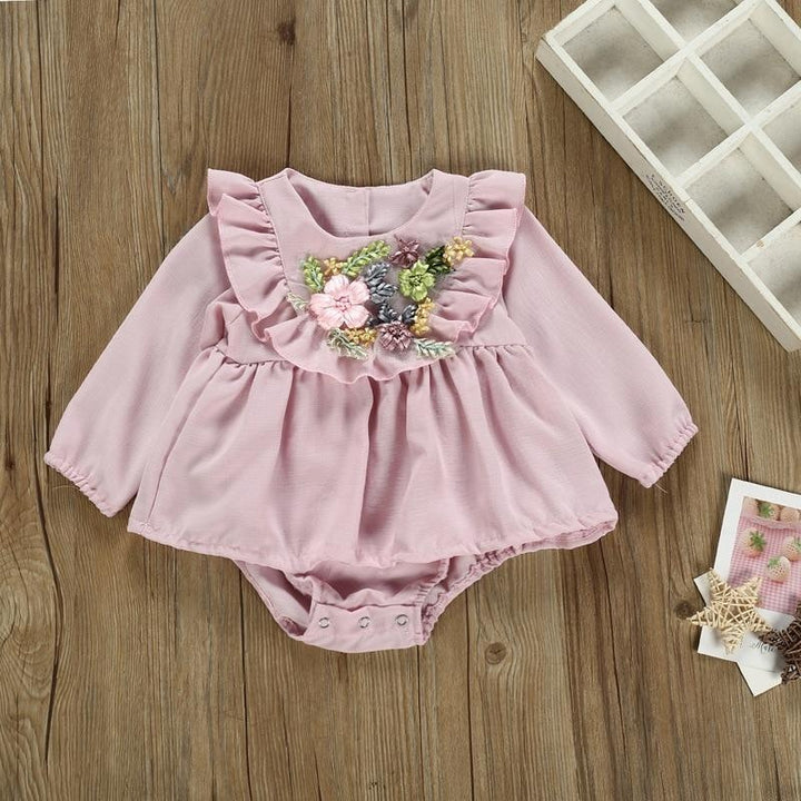 Baby Girls Long Sleeve Emboridery Flower Rompers Outfits Bodysuit - MomyMall Lavender / 6-9 Months