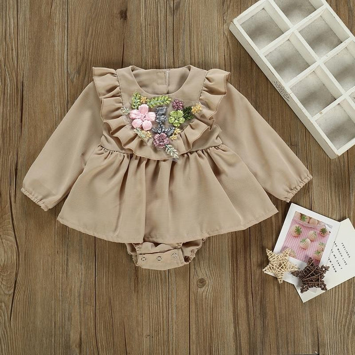 Baby Girls Long Sleeve Emboridery Flower Rompers Outfits Bodysuit - MomyMall Khaki / 6-9 Months