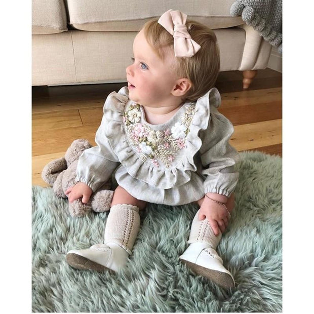 Baby Girls Long Sleeve Emboridery Flower Rompers Outfits Bodysuit - MomyMall