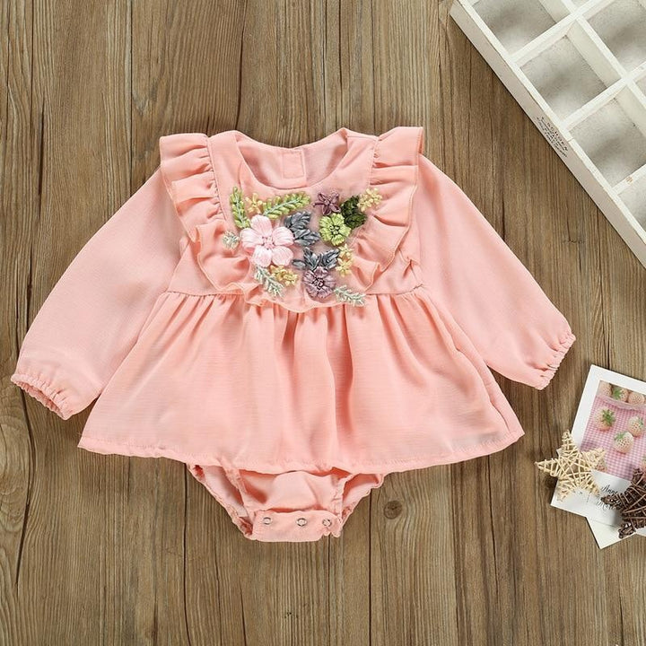 Baby Girls Long Sleeve Emboridery Flower Rompers Outfits Bodysuit - MomyMall Pink / 6-9 Months