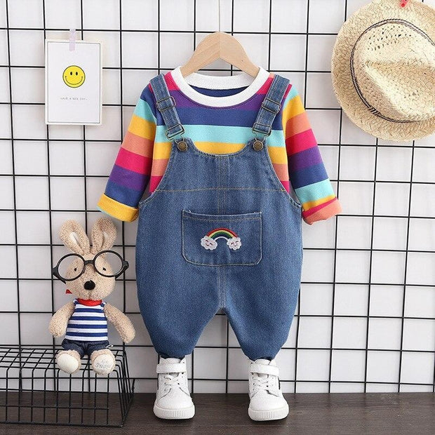 Kids Boy Girl Autumn Cotton Stripe Jacket Denim Bib 2Pcs/sets - MomyMall Purple / 9-12 Months