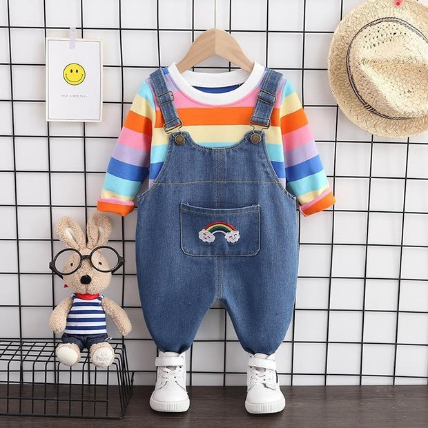 Kids Boy Girl Autumn Cotton Stripe Jacket Denim Bib 2Pcs/sets - MomyMall Pink / 9-12 Months