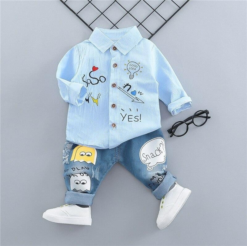 Kids Boys Girl Suits Print Jeans 2 Pcs Sets Costume - MomyMall