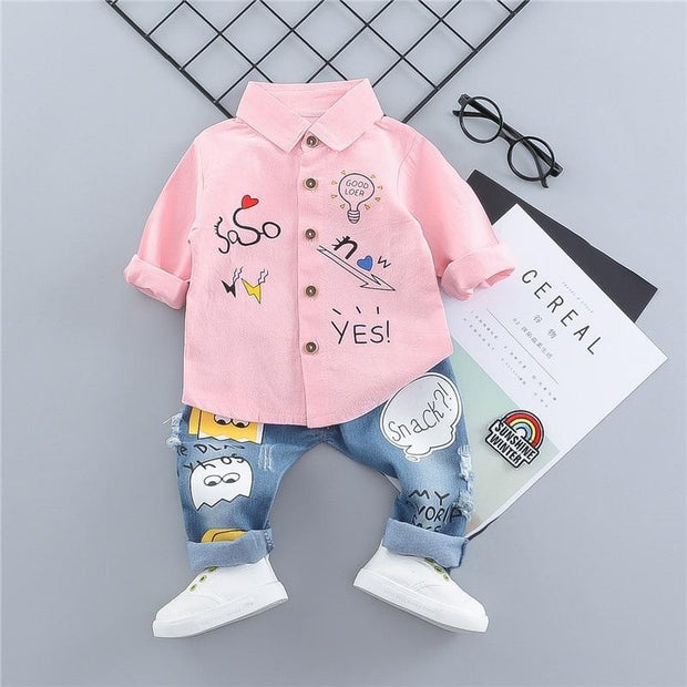 Kids Boys Girl Suits Print Jeans 2 Pcs Sets Costume - MomyMall