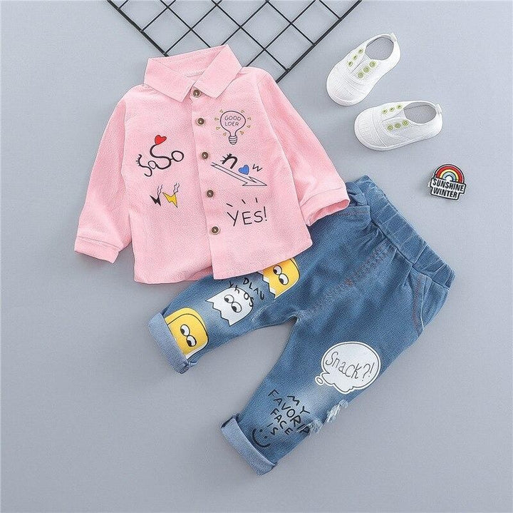 Kids Boys Girl Suits Print Jeans 2 Pcs Sets Costume - MomyMall Pink / 9-12 Months