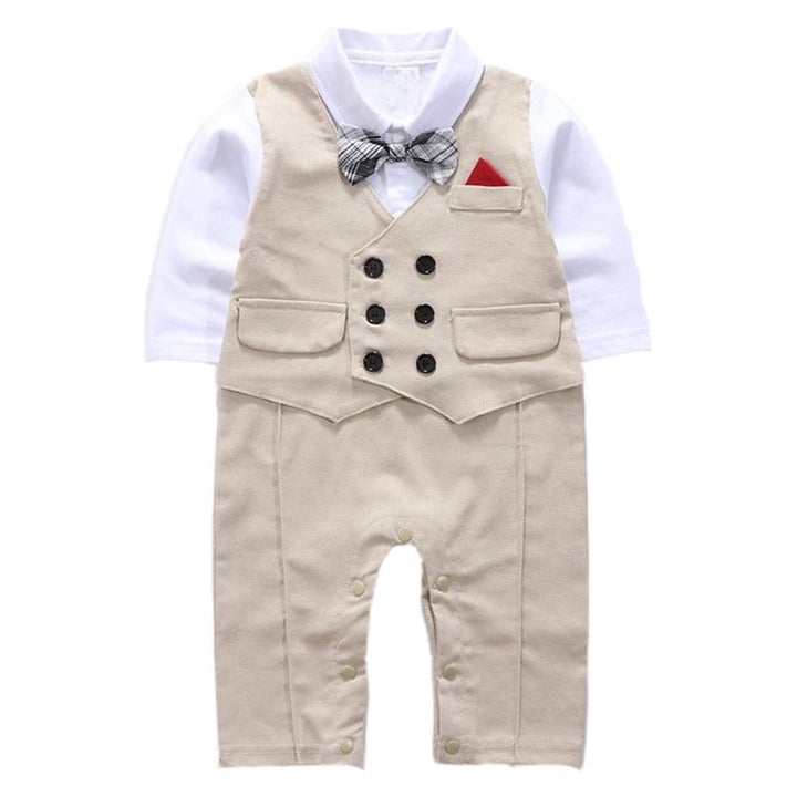 Baby Boys Romper with Bowtie Long-sleeve Gentleman Jumpsuit 3 Pcs 6-24 Months - MomyMall Khaki Romper / 6-9 Months