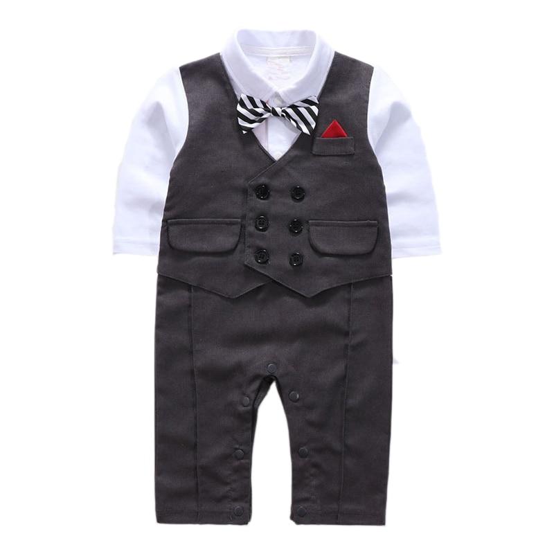 Baby Boys Romper with Bowtie Long-sleeve Gentleman Jumpsuit 3 Pcs 6-24 Months - MomyMall