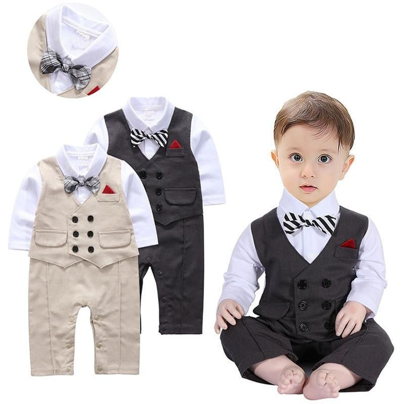 Baby Boys Romper with Bowtie Long-sleeve Gentleman Jumpsuit 3 Pcs 6-24 Months - MomyMall