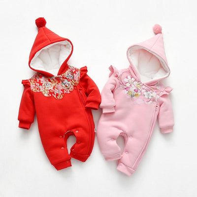 Baby Girl Hooded Romper Fleece Newborn Winter Sleepwear Romper Jumpsuit - MomyMall
