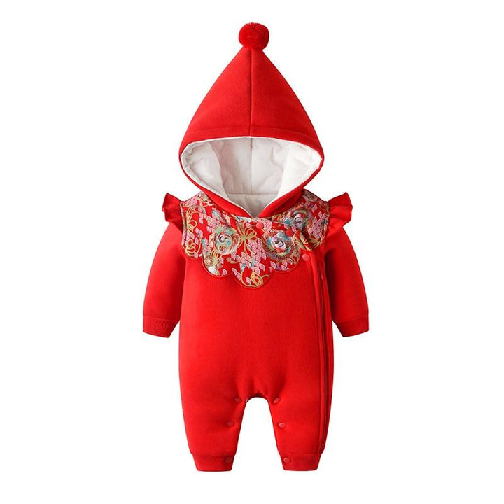 Baby Girl Hooded Romper Fleece Newborn Winter Sleepwear Romper Jumpsuit - MomyMall Red / 0-6 Months