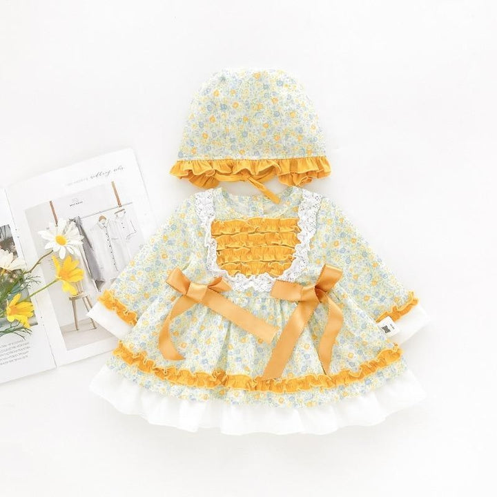 Baby Girl Lolita Floral Princess Birthday Christening Party Frock Boutique 2 Pcs - MomyMall yellow dress and hat / 3-6 Months