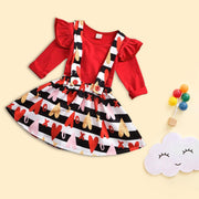 Baby Girls Long Sleeve Valentine Heart Print Tops+Suspender 2Pcs - MomyMall