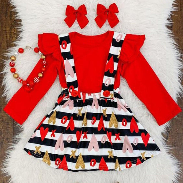 Baby Girls Long Sleeve Valentine Heart Print Tops+Suspender 2Pcs - MomyMall Red / 6-12 Months